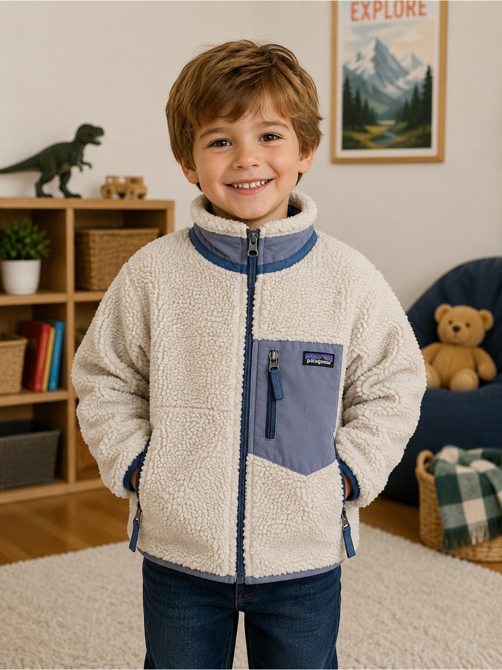 Patagonia Kids' Retro-X Sherpa Jacket in Natural with Gray and Blue